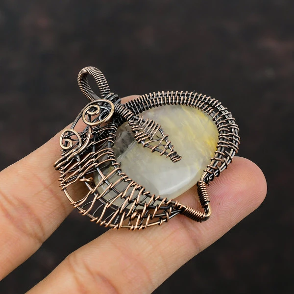 Plume Agate Oval White Handmade Copper Wire Wrapped Pendant