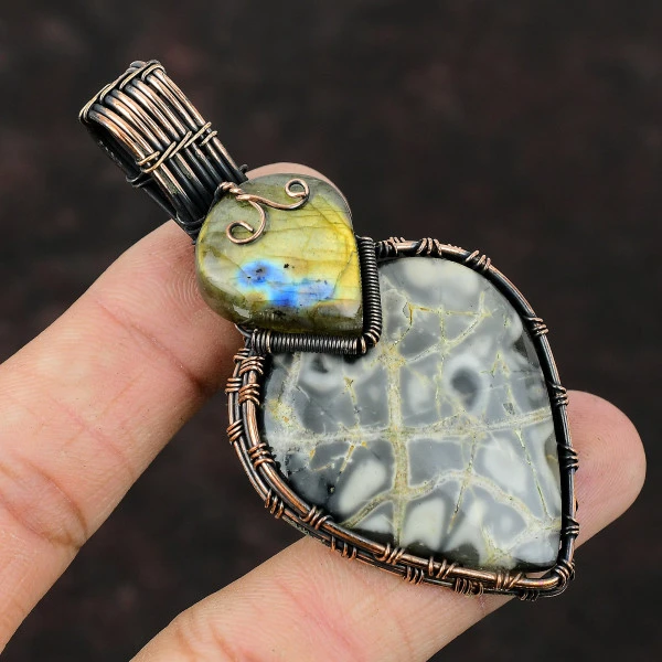 Picasso Jasper Pear Gray Handmade Copper Wire Wrapped Pendant
