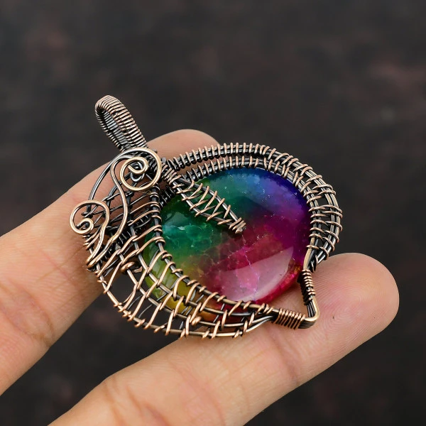 Rainbow Solar Quartz Druzy Oval Pink Handmade Copper Wire Wrapped Pendant