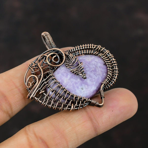 Lepidolite Oval Purple Handmade Copper Wire Wrapped Pendant
