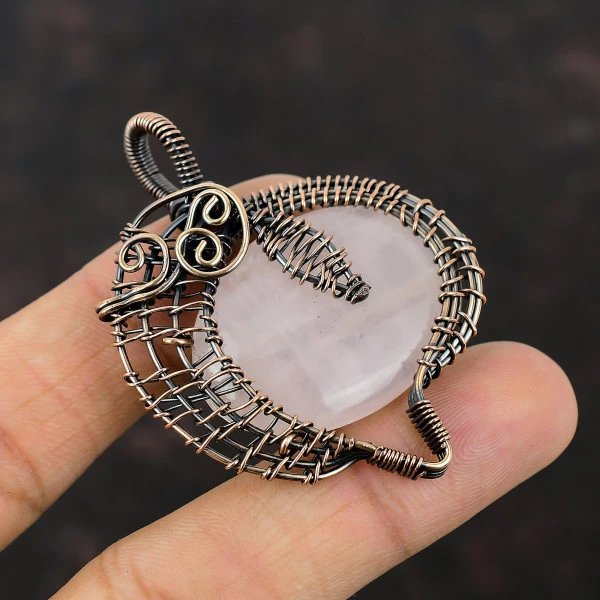 Rose Quartz Oval Pink Handmade Copper Wire Wrapped Pendant