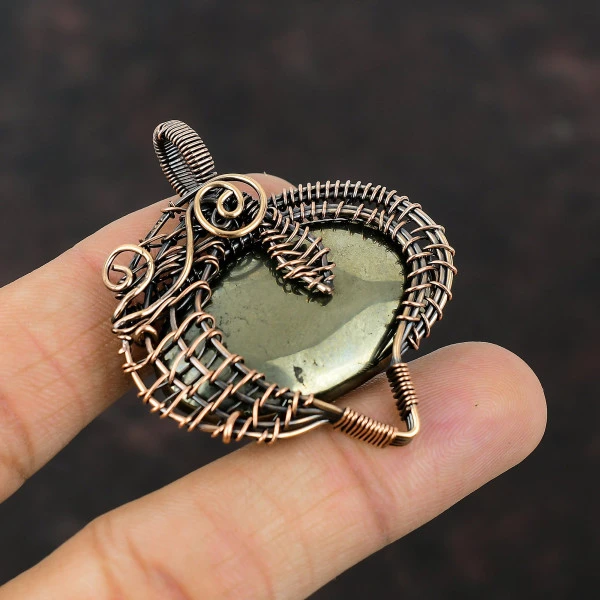 Pyrite Oval Gold Handmade Copper Wire Wrapped Pendant