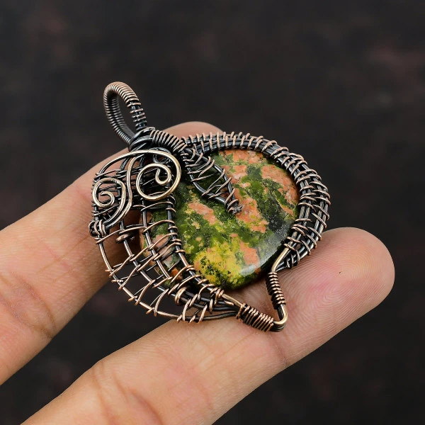 Unakite Oval Green Handmade Copper Wire Wrapped Pendant