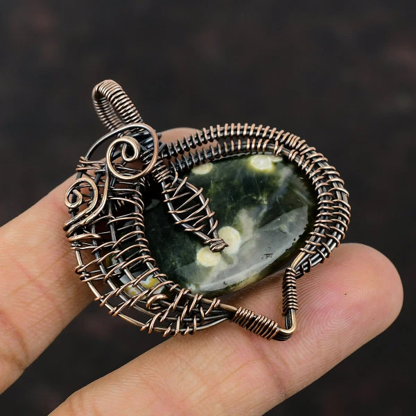 Ocean Jasper Oval Green Handmade Copper Wire Wrapped Pendant