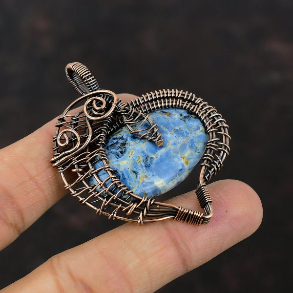 Pietersite Oval Blue Handmade Copper Wire Wrapped Pendant