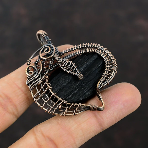 Black Tourmaline Rough Oval Black Handmade Copper Wire Wrapped Pendant