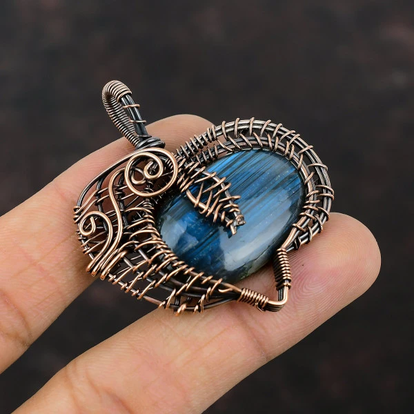 Labradorite Oval Gray Handmade Copper Wire Wrapped Pendant