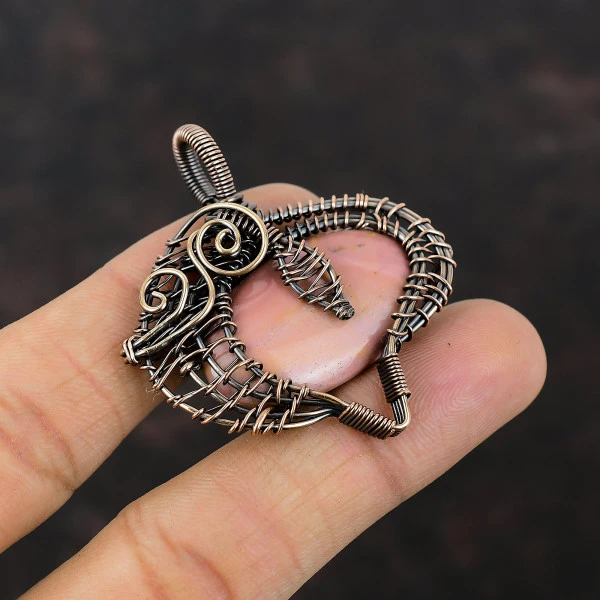 Pink Opal Oval Pink Handmade Copper Wire Wrapped Pendant