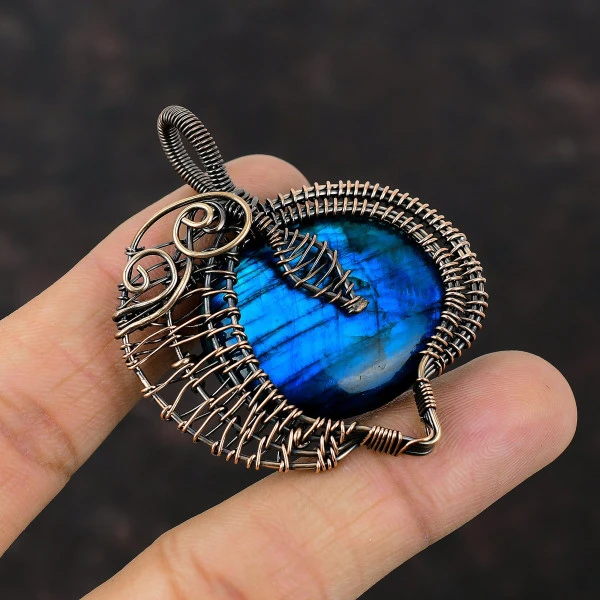 Neon Flash Labradorite Oval Blue Handmade Copper Wire Wrapped Pendant