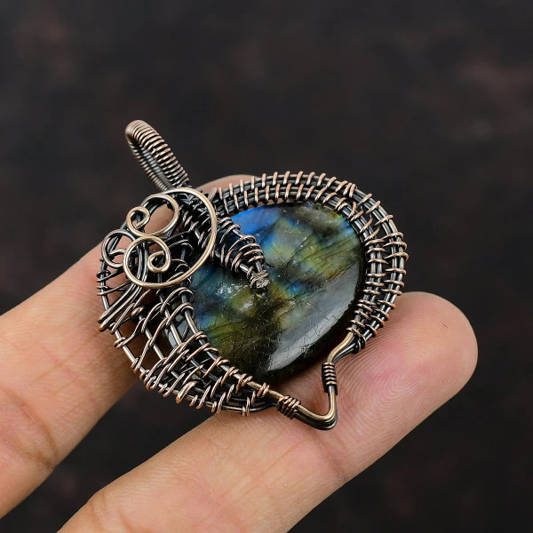 Labradorite Oval Gray Handmade Copper Wire Wrapped Pendant