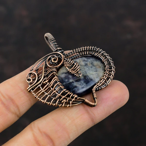Iolite Sunstone Oval Blue Handmade Copper Wire Wrapped Pendant