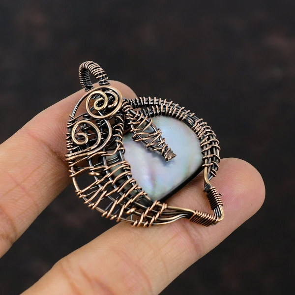 Black Mother Of Pearl Radiant Black Handmade Copper Wire Wrapped Pendant