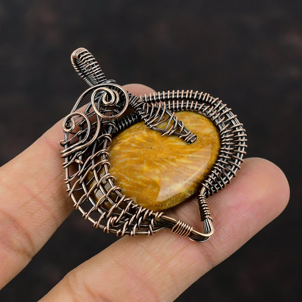 Fossil Coral Oval Yellow Handmade Copper Wire Wrapped Pendant