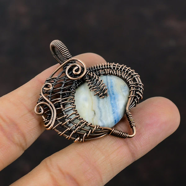 Blue Scheelite Oval Blue Handmade Copper Wire Wrapped Pendant