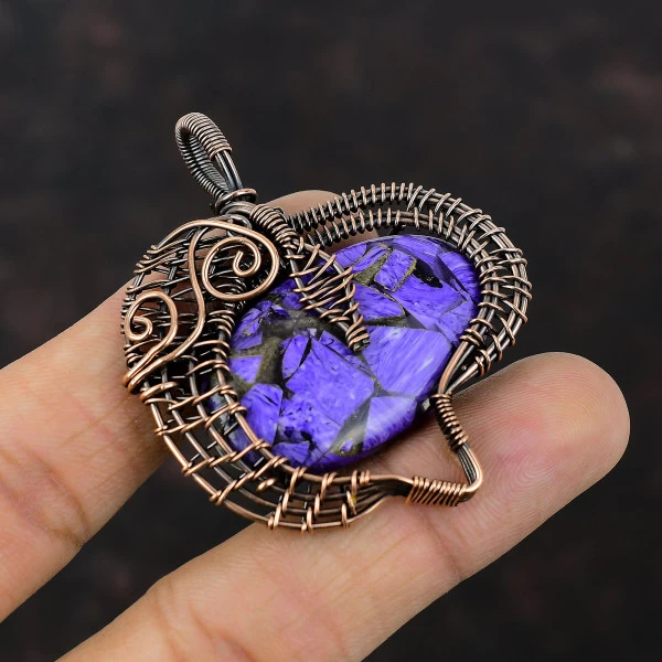 Copper Charoite Oval Purple Handmade Copper Wire Wrapped Pendant