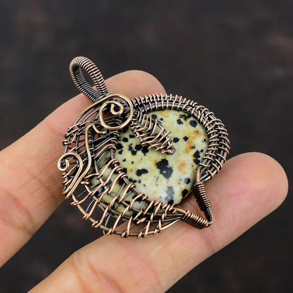 Dalmatian Jasper Oval Black Handmade Copper Wire Wrapped Pendant