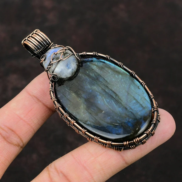 Labradorite Oval Blue Handmade Copper Wire Wrapped Pendant