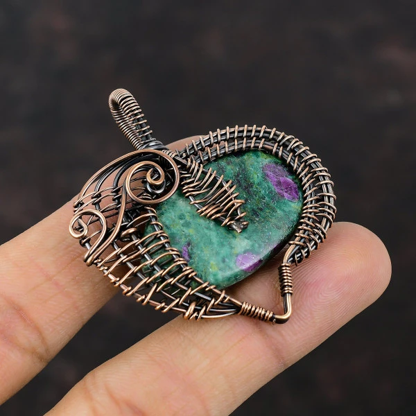 Ruby Fuchsite Oval Green Handmade Copper Wire Wrapped Pendant