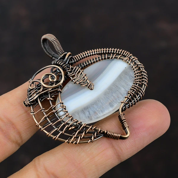 Botswana Agate Oval White Handmade Copper Wire Wrapped Pendant