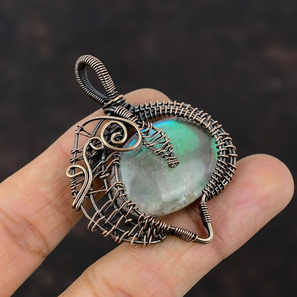 Rainbow Mystic Opal Oval White Handmade Copper Wire Wrapped Pendant