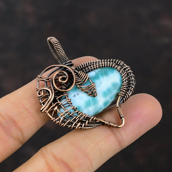 Larimar Oval Blue Handmade Copper Wire Wrapped Pendant