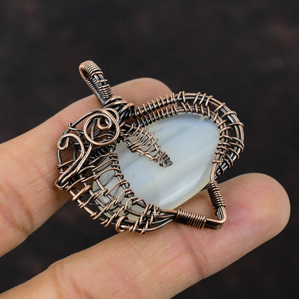 Mexican Laguna Lace Agate Oval White Handmade Copper Wire Wrapped Pendant