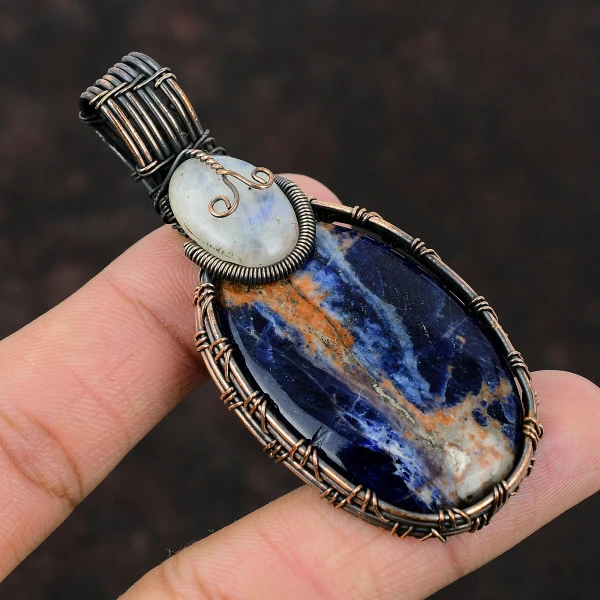 Sodalite Oval Blue Handmade Copper Wire Wrapped Pendant