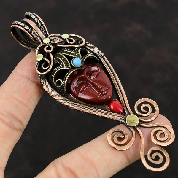 Red Carved Bone Face Oval Red Handmade Copper Wire Wrapped Pendant