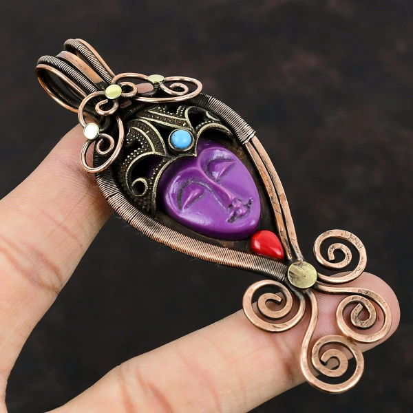 Purple Carved Bone Face Oval Purple Handmade Copper Wire Wrapped Pendant