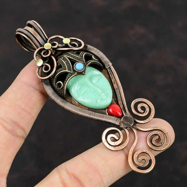 Green Carved Bone Face Oval Green Handmade Copper Wire Wrapped Pendant