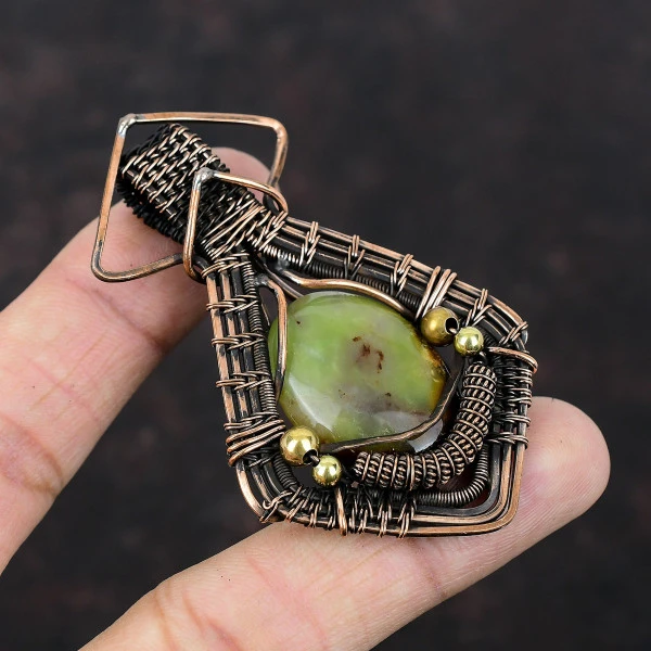 Boulder Chrysoprase Oval Green Handmade Copper Wire Wrapped Pendant