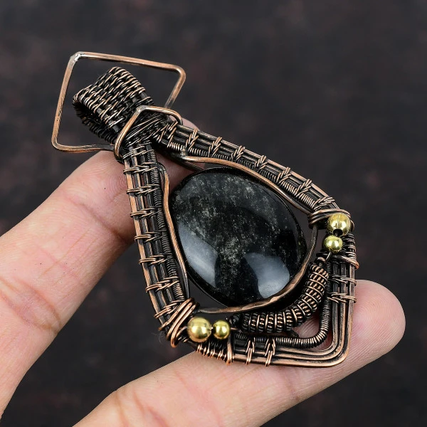 Silver Sheen Obsidian Oval Black Handmade Copper Wire Wrapped Pendant
