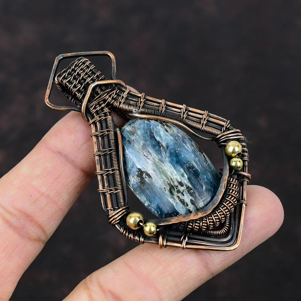 Kyanite Oval Blue Handmade Copper Wire Wrapped Pendant