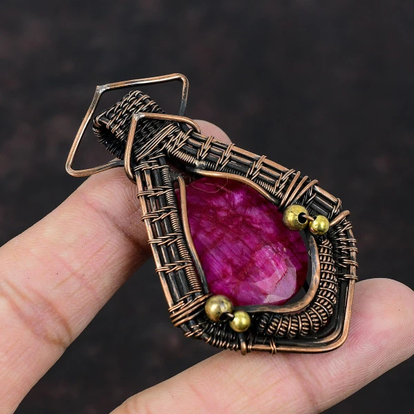 Kashmir Ruby Oval Red Handmade Copper Wire Wrapped Pendant