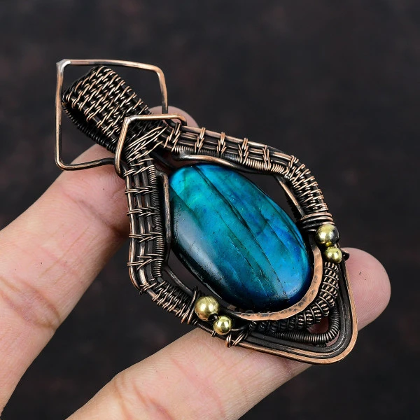 Neon Flash Labradorite Oval Blue Handmade Copper Wire Wrapped Pendant