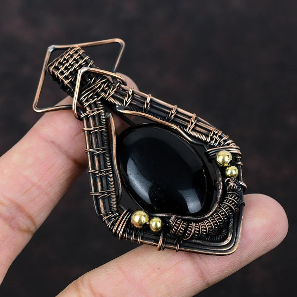 Black Onyx Oval Black Handmade Copper Wire Wrapped Pendant