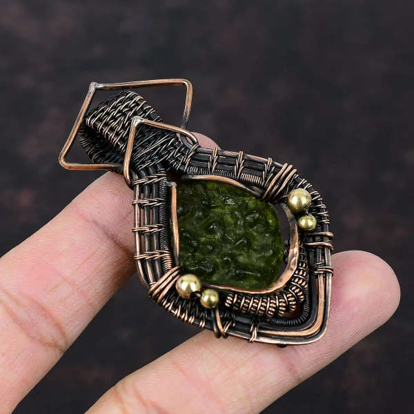 Moldavite Round Green Handmade Copper Wire Wrapped Pendant