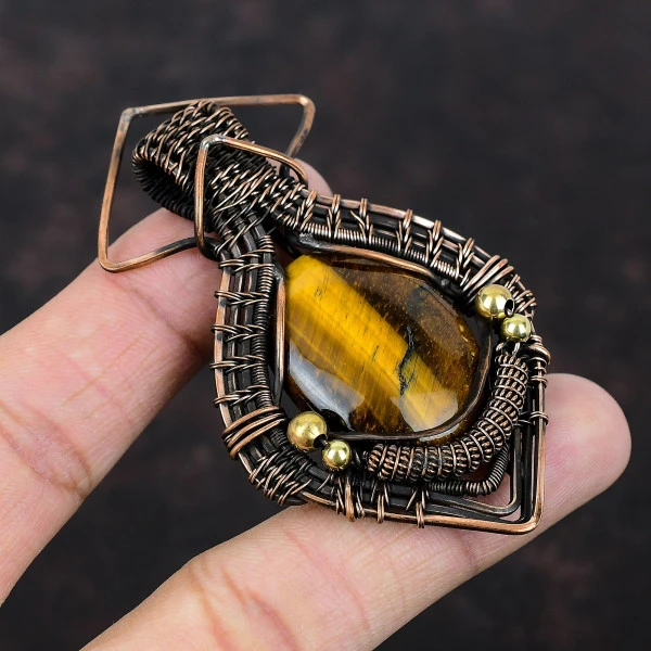 Tiger's Eye Oval Brown Handmade Copper Wire Wrapped Pendant