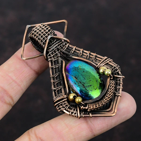 Mystic Fire Labradorite Oval Green Handmade Copper Wire Wrapped Pendant