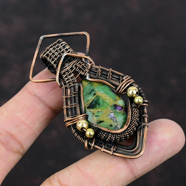 Copper Ruby Zoisite Oval Green Handmade Copper Wire Wrapped Pendant