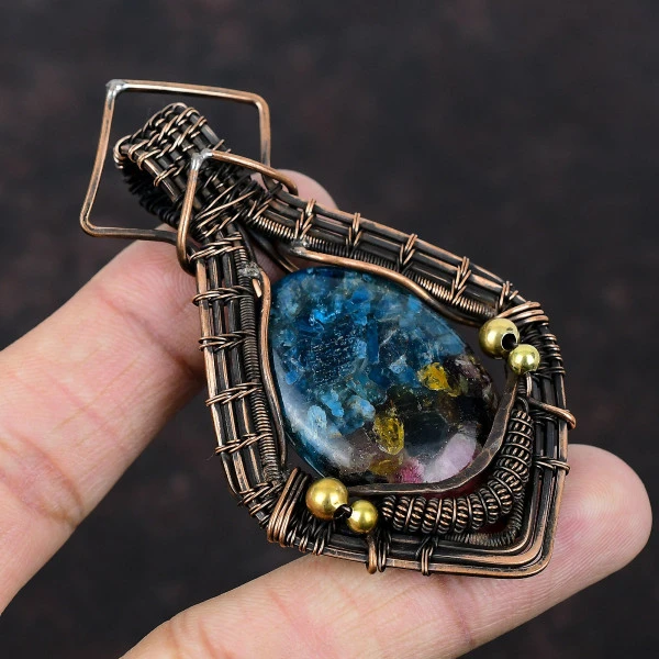 Watermelon Tourmaline Oval Blue Handmade Copper Wire Wrapped Pendant