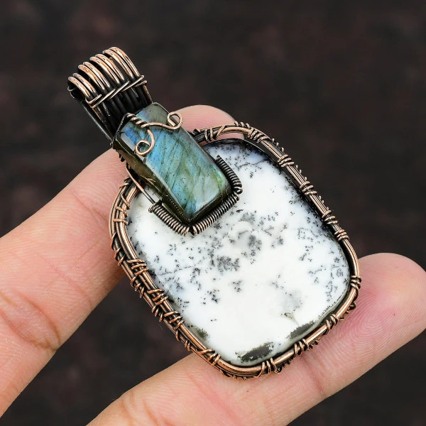 Dendrite Opal Radiant White Handmade Copper Wire Wrapped Pendant