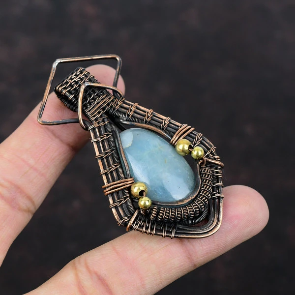 Aquamarine Oval Green Handmade Copper Wire Wrapped Pendant