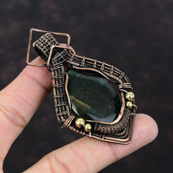 Bloodstone Oval Green Handmade Copper Wire Wrapped Pendant