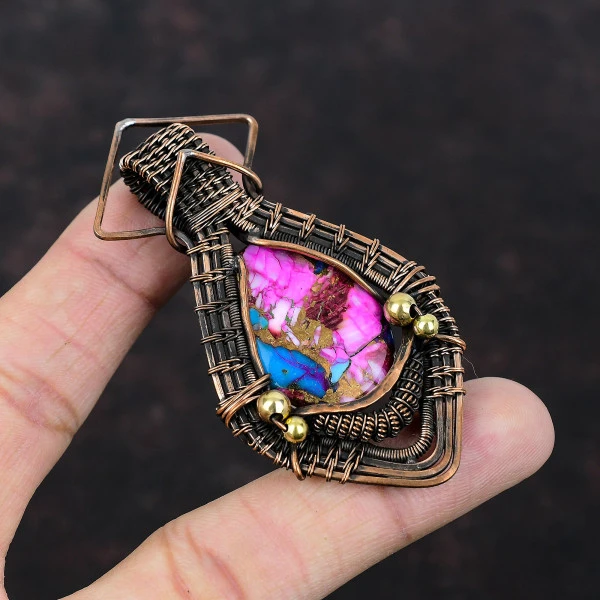 Natural Kingman Pink Dahlia Turquoise Oval Pink Handmade Copper Wire Wrapped Pendant