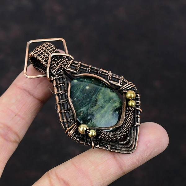 Ocean Jasper Oval Green Handmade Copper Wire Wrapped Pendant