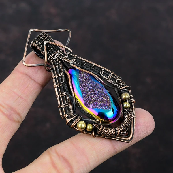 Titanium Druzy Oval Pink Handmade Copper Wire Wrapped Pendant