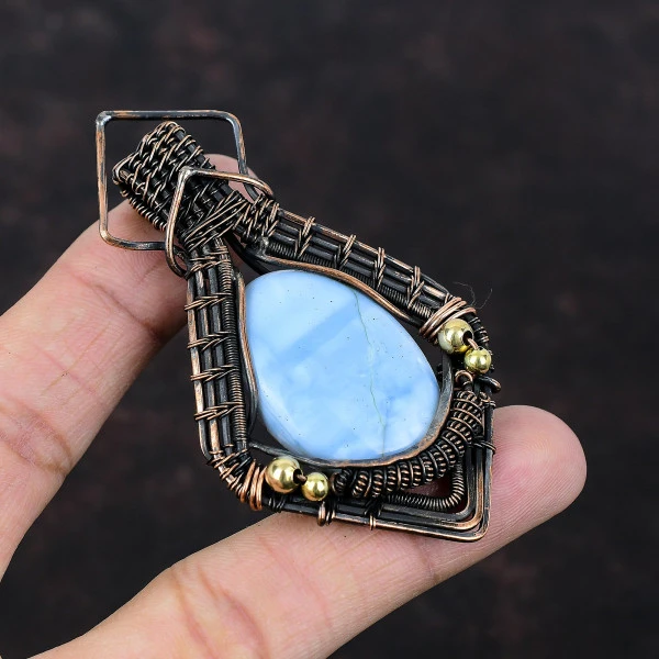 Owyhee Blue Opal Oval Blue Handmade Copper Wire Wrapped Pendant