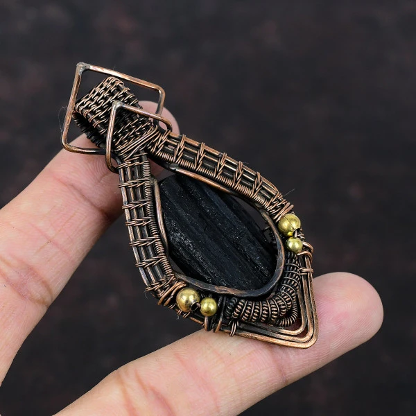 Black Tourmaline Rough Oval Black Handmade Copper Wire Wrapped Pendant
