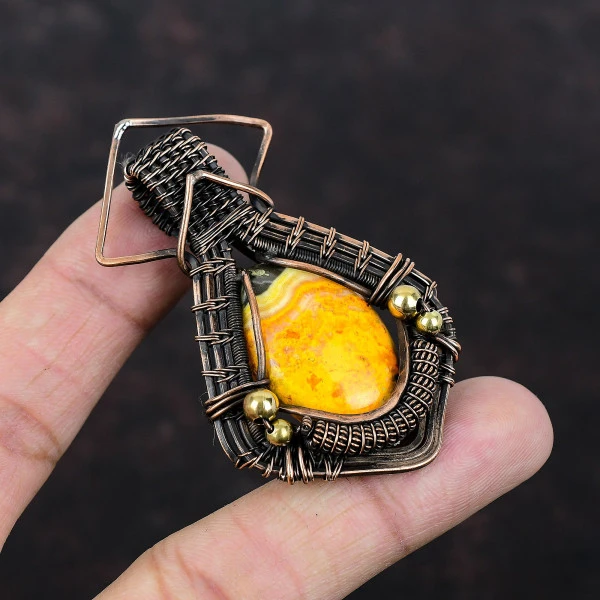 Bumble Bee Jasper Oval Yellow Handmade Copper Wire Wrapped Pendant